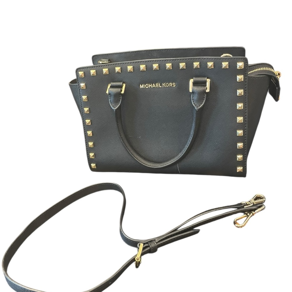 Michael Kors Black Studded Saffiano‎ Leather Satchel Crossbody Medium Purse Bag